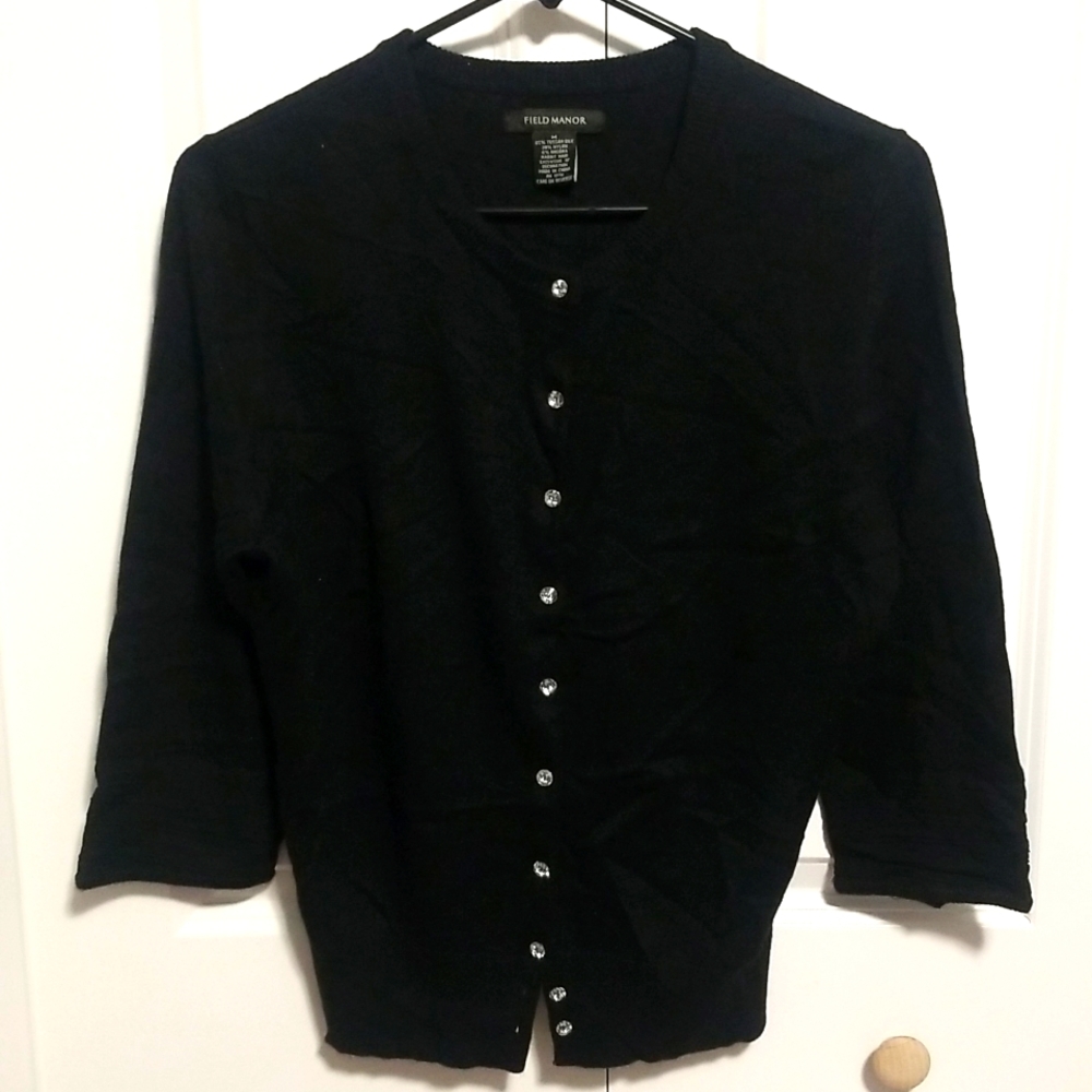 Field Manor Black Button Down 3/4 Tussah Silk Blend Cardigan size Medium
